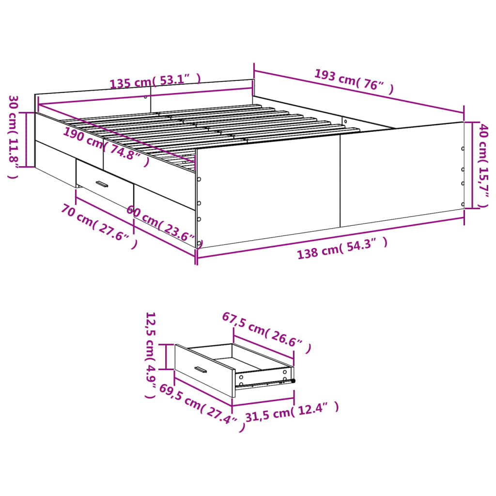 vidaXL Estrutura de cama c/ gavetas 135x190 cm derivados madeira preto