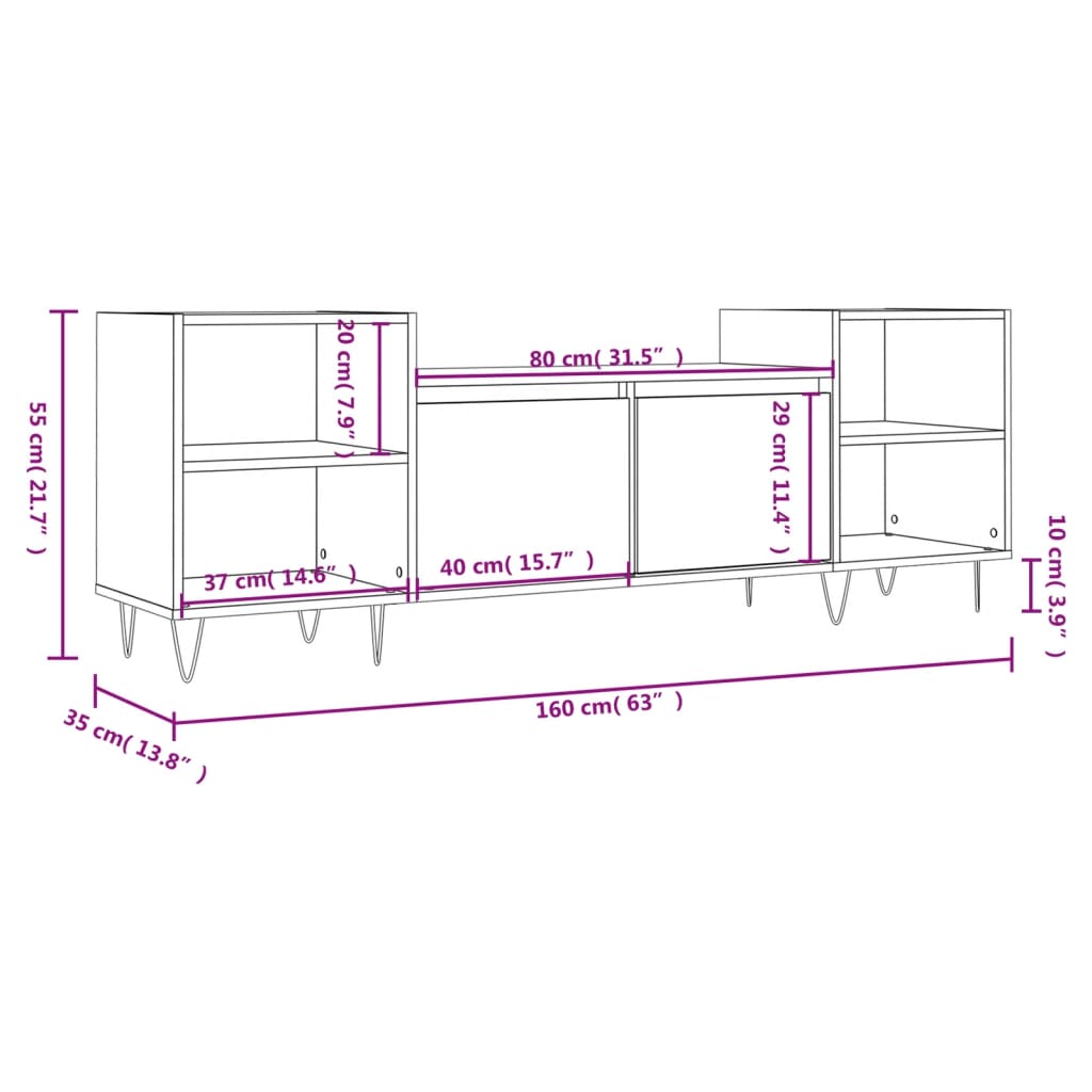 vidaXL Móvel de TV 160x35x55 cm derivados de madeira cinzento sonoma