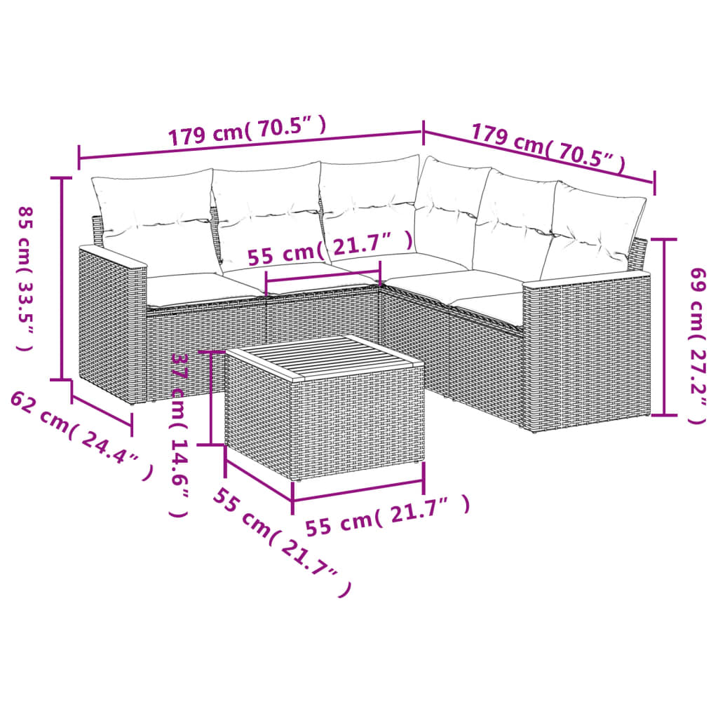 vidaXL 6 pcs conjunto sofás de jardim com almofadões vime cinzento