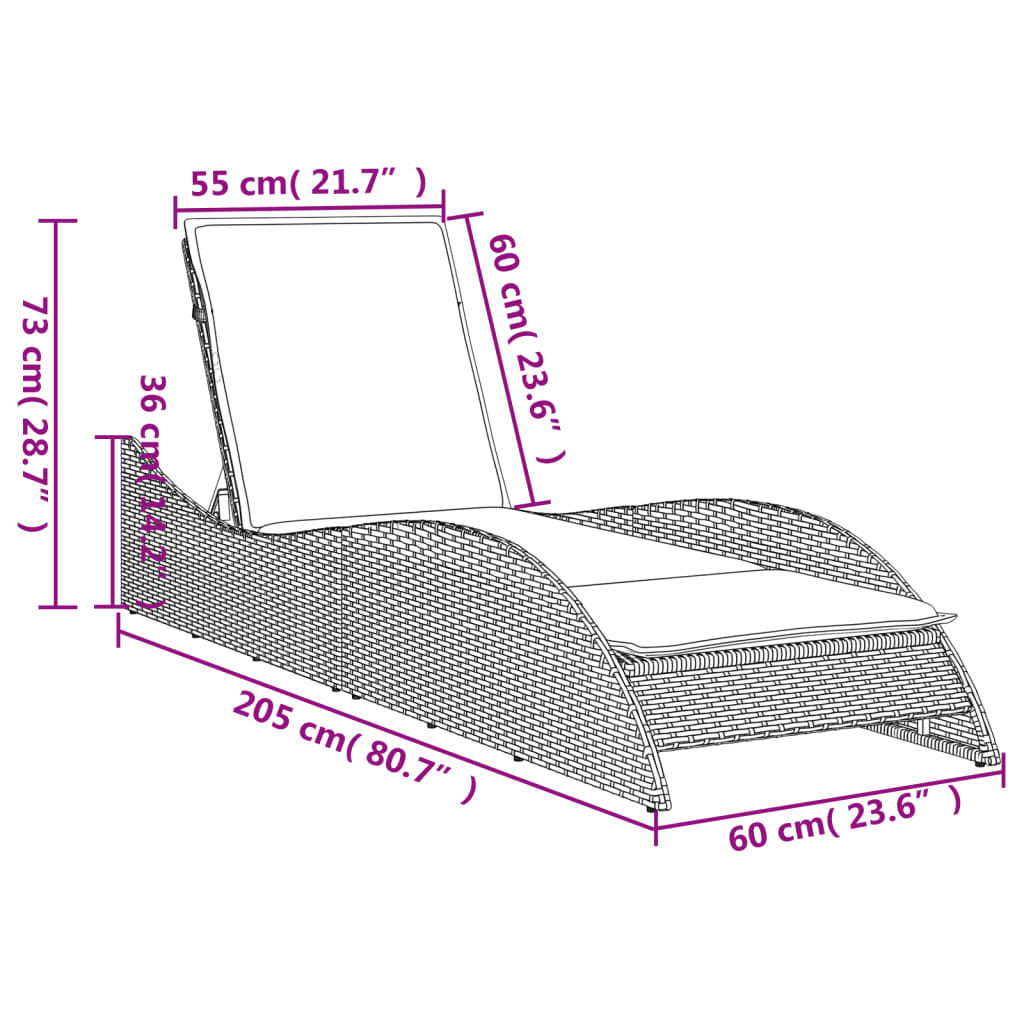 vidaXL Espreguiçadeira com almofadão 60x205x73 cm vime PE castanho