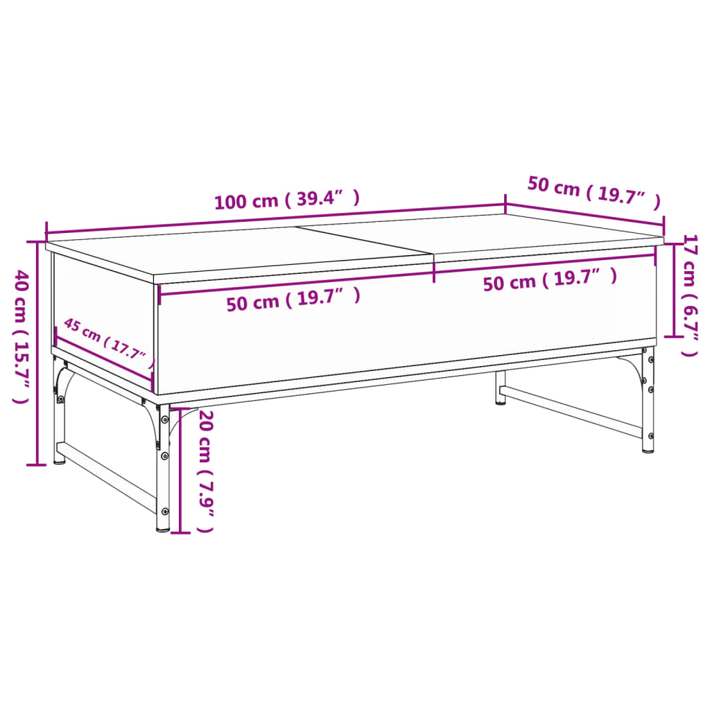 vidaXL Mesa de centro 100x50x40cm deriv. madeira/metal cinzento sonoma