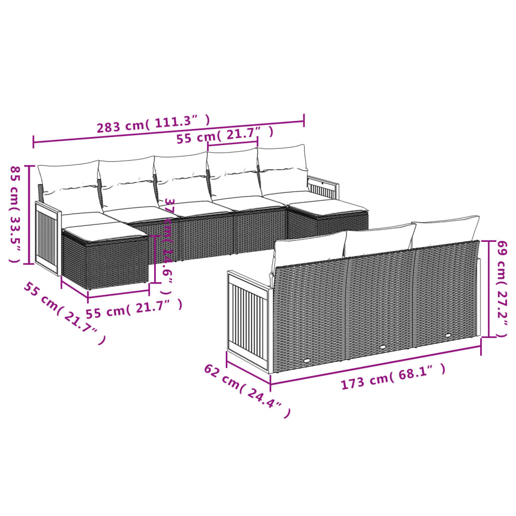 vidaXL 10 pcs conjunto sofás de jardim c/ almofadões vime PE preto