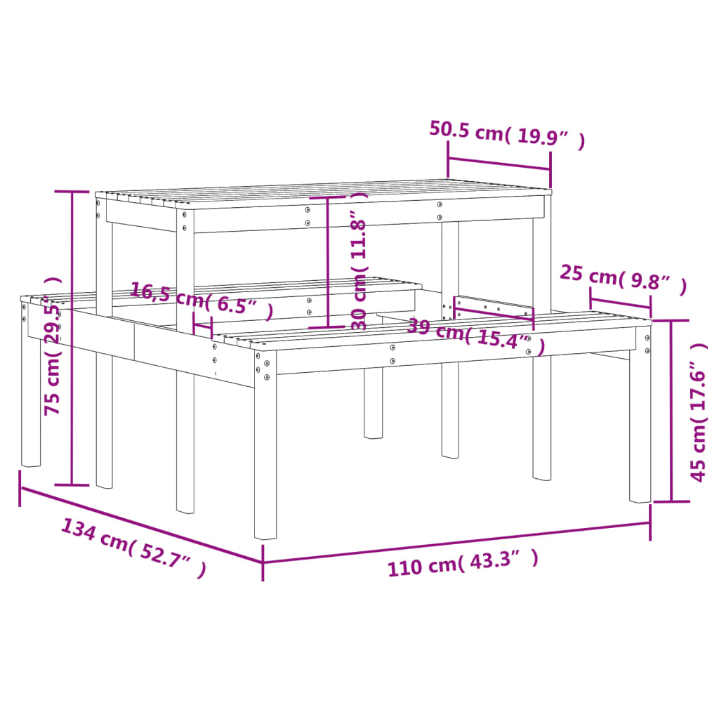 vidaXL Mesa de piquenique 110x134x75 cm pinho maciço castanho-mel