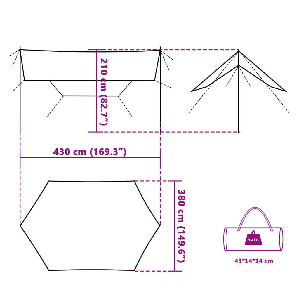 vidaXL Lona de campismo 430x380x210 cm impermeável verde