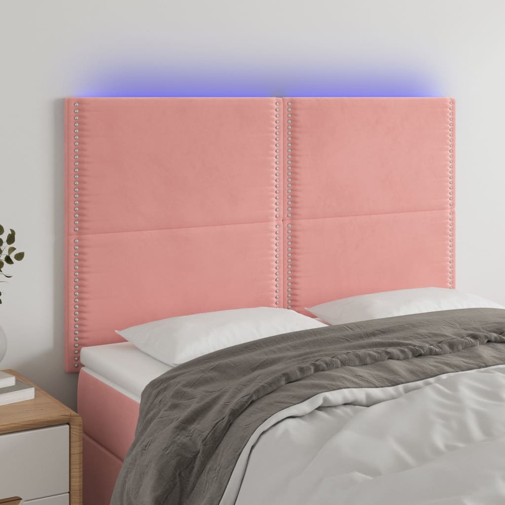 vidaXL Cabeceira de cama c/ luzes LED veludo 144x5x118/128 cm rosa