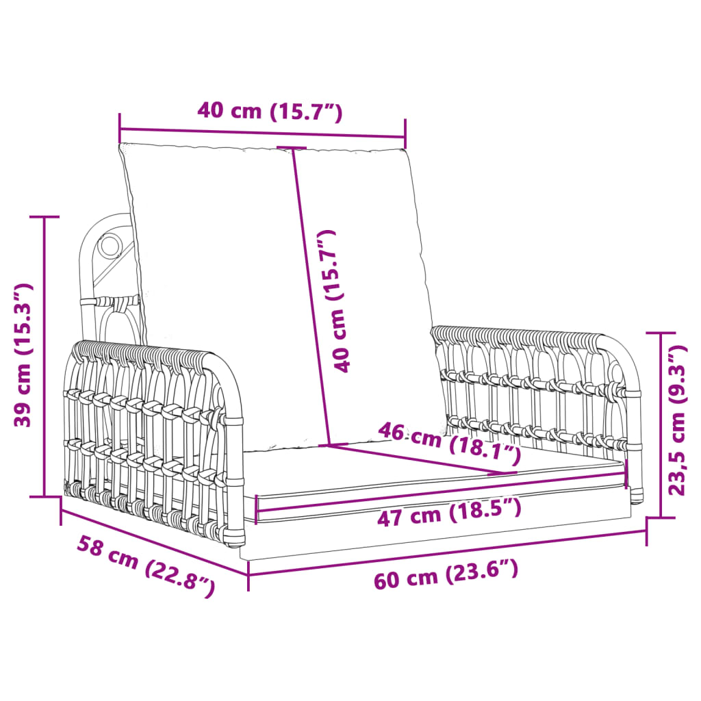 vidaXL Cadeira de baloiço com almofadões 63x58x39 cm vime PE e aço