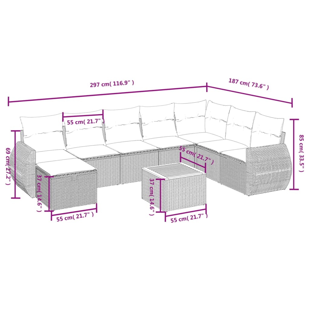 vidaXL 9 pcs conjunto de sofás p/ jardim c/ almofadões vime PE preto