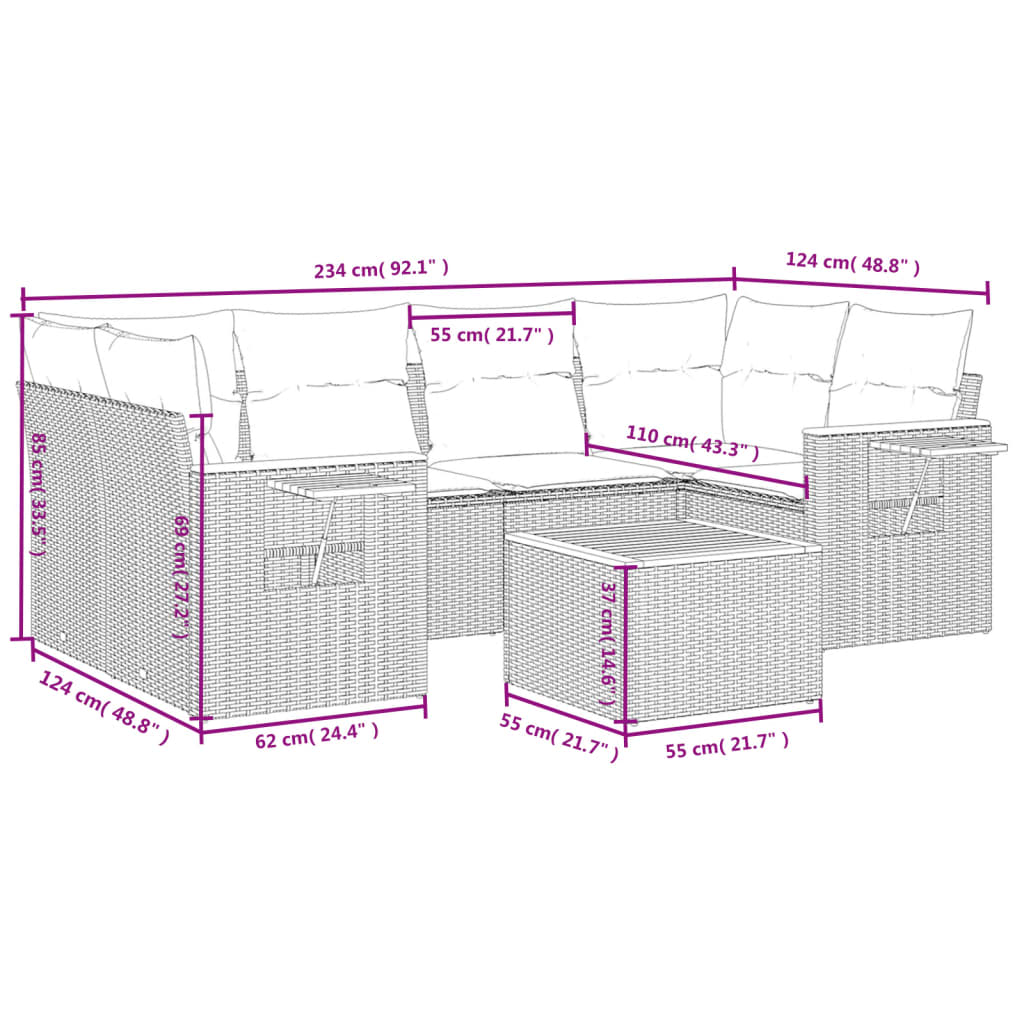 vidaXL 7 pcs conjunto de sofás p/ jardim c/ almofadões vime PE preto