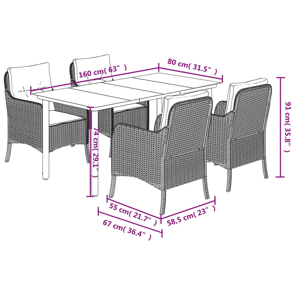 vidaXL 5 pcs conjunto de jantar p/ jardim c/ almofadões vime PE cinza