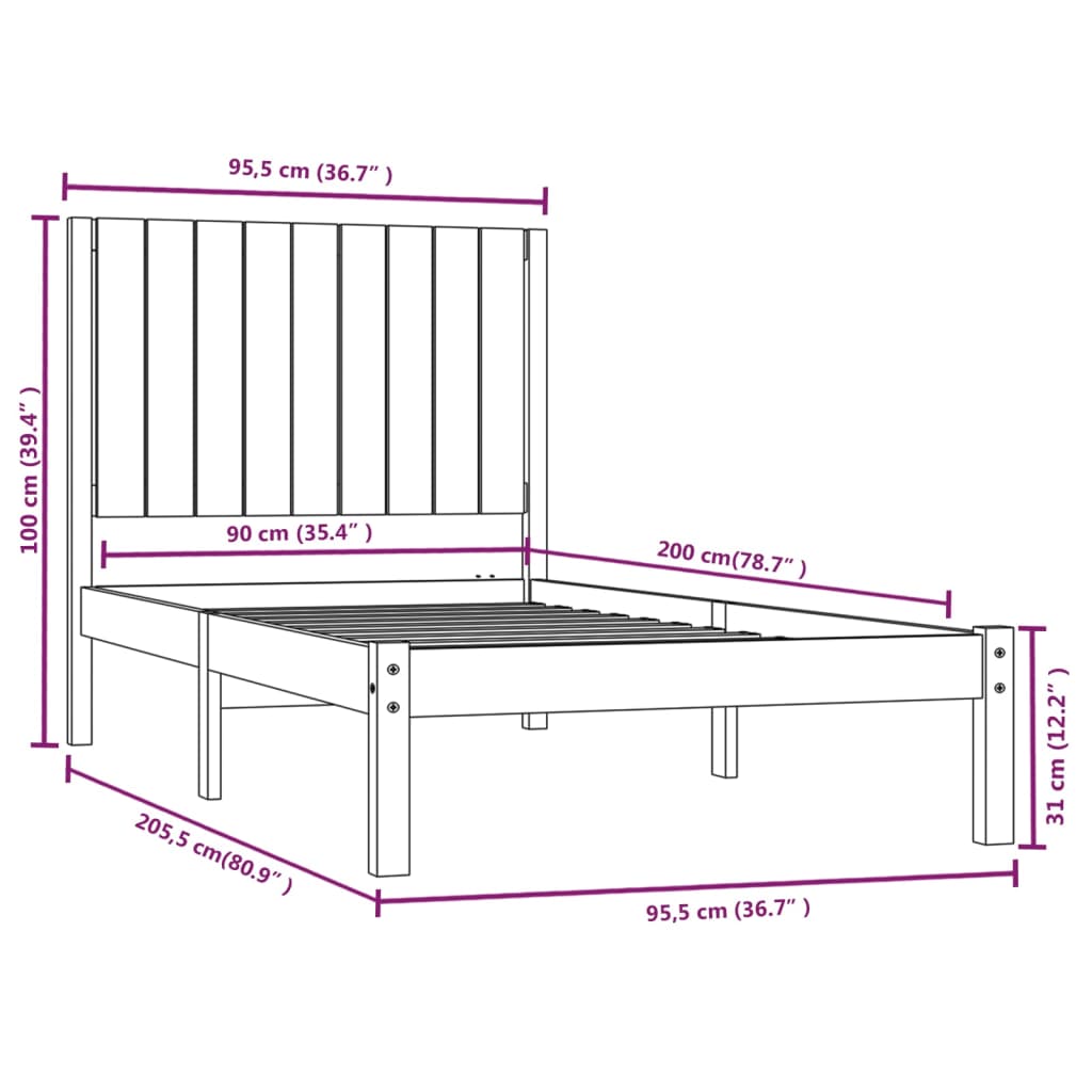 vidaXL Estrutura cama solteiro 90x200 cm pinho maciço cinzento