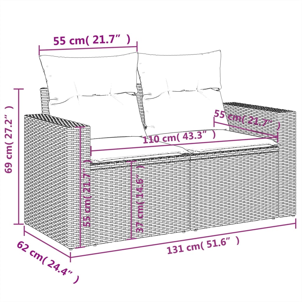 vidaXL 8 pcs conjunto de sofás p/ jardim com almofadões vime PE bege