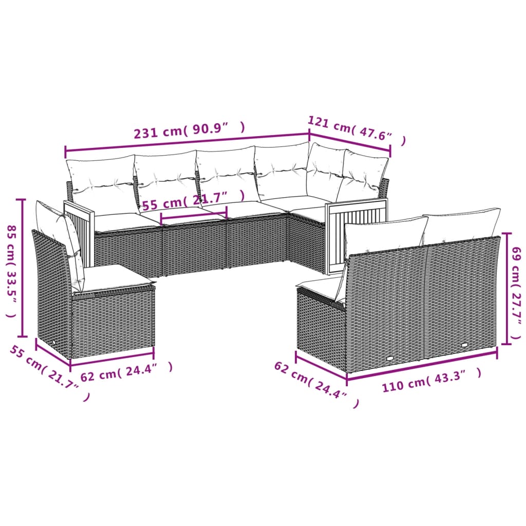 vidaXL 8 pcs conjunto sofás de jardim c/ almofadões vime PE cinzento