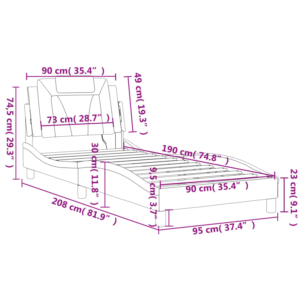 vidaXL Estrutura cama c/ luzes LED 90x190 cm couro artificial cinzento