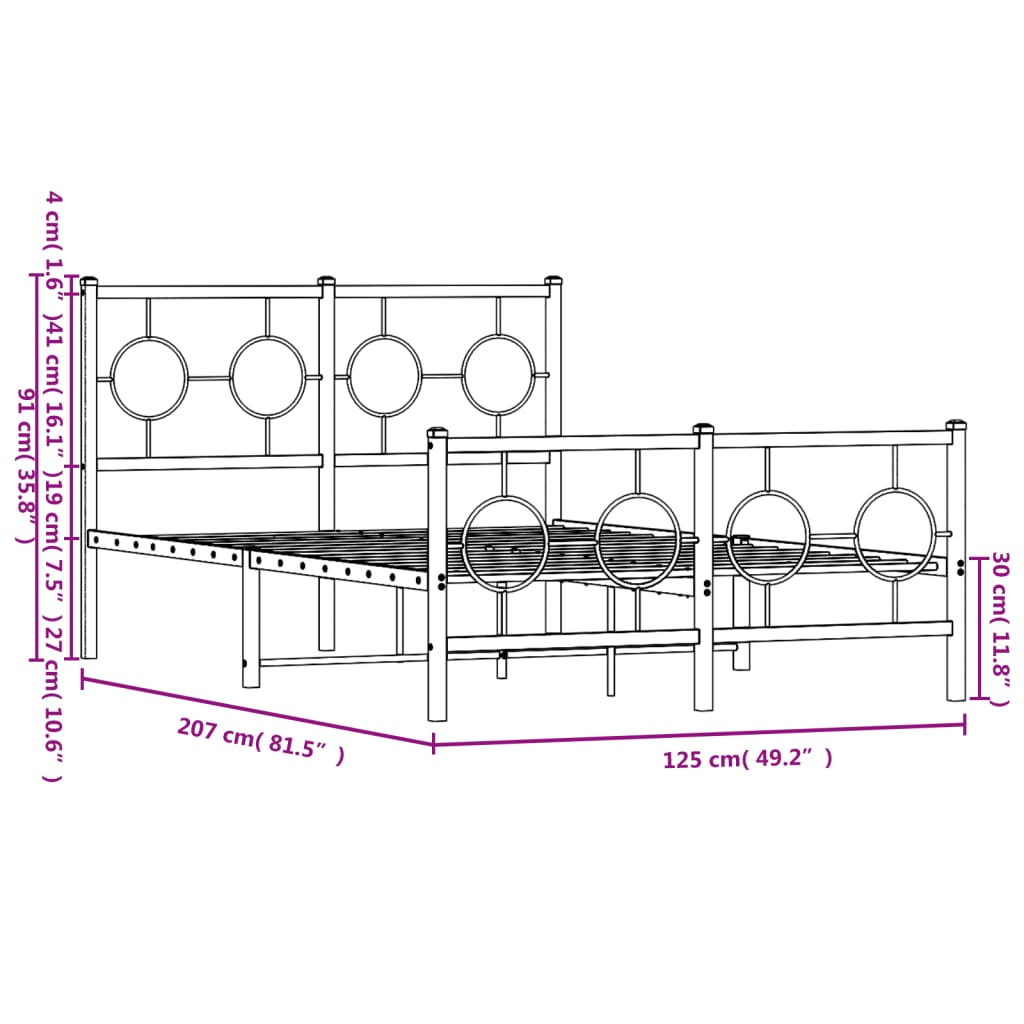 vidaXL Estrutura de cama com cabeceira e pés 120x200 cm metal preto