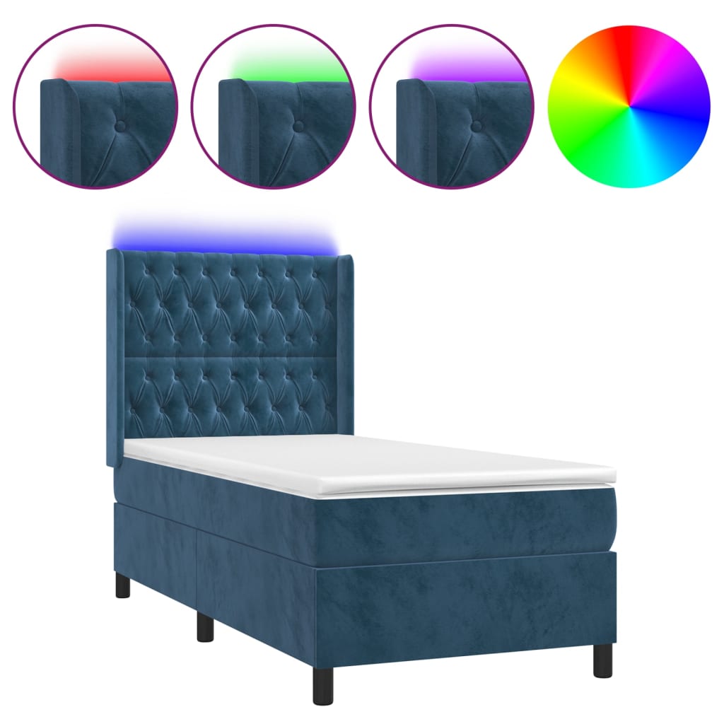 vidaXL Cama box spring c/ colchão/LED 100x200 cm veludo azul-escuro