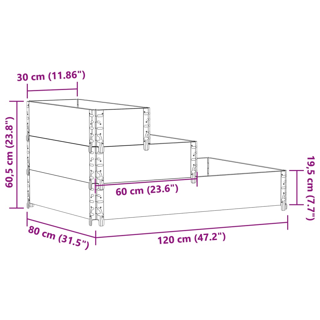 vidaXL Canteiro elevado de 3 níveis 120x80 cm madeira de pinho maciça