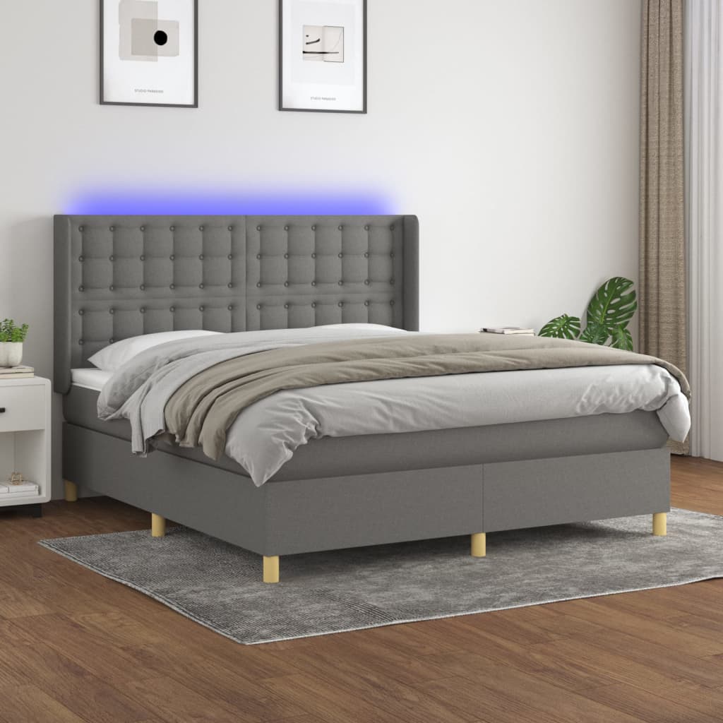 vidaXL Cama box spring c/ colchão e LED 180x200 cm tecido cinza-escuro