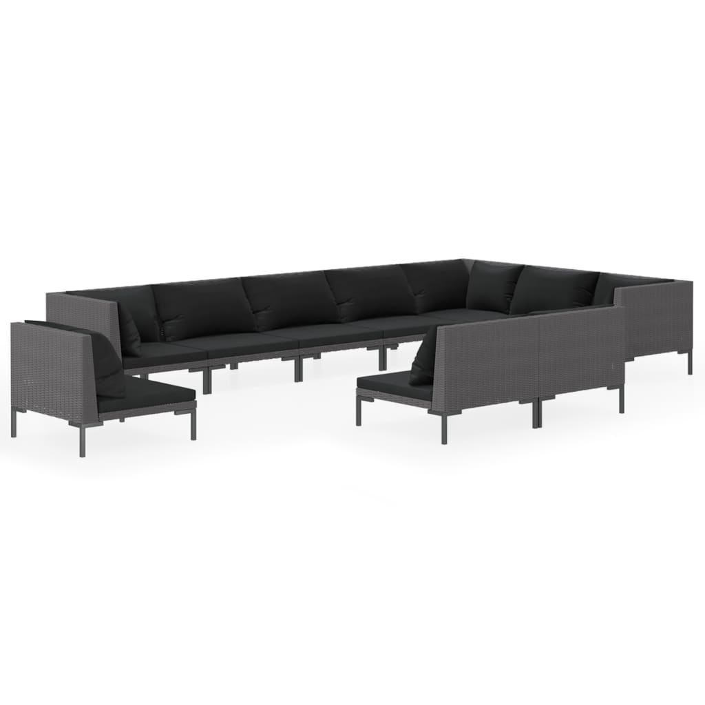 vidaXL 10 pcs conj. lounge jardim c/ almofadões vime PE cinza-escuro