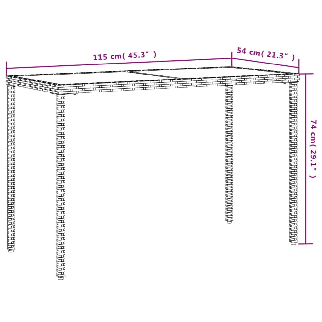 vidaXL Mesa de jardim com tampo de vidro 115x54x74 cm vime PE bege