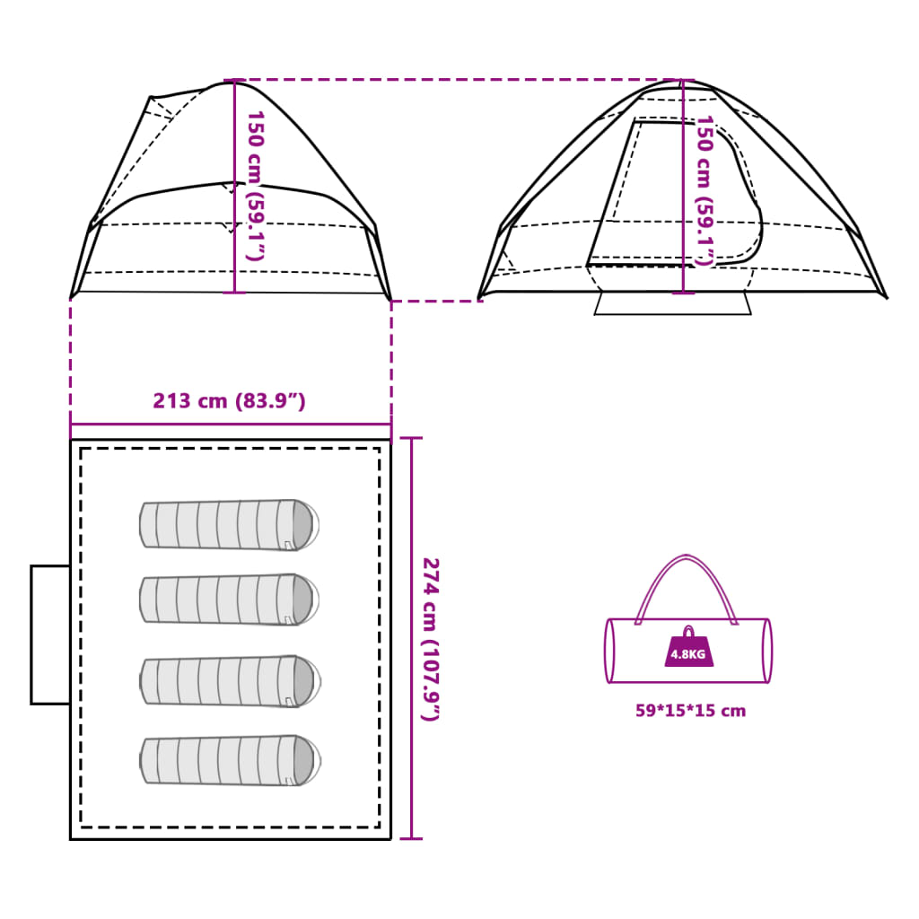 vidaXL Tenda de campismo cúpula p/ 4 pessoas opaca impermeável branco