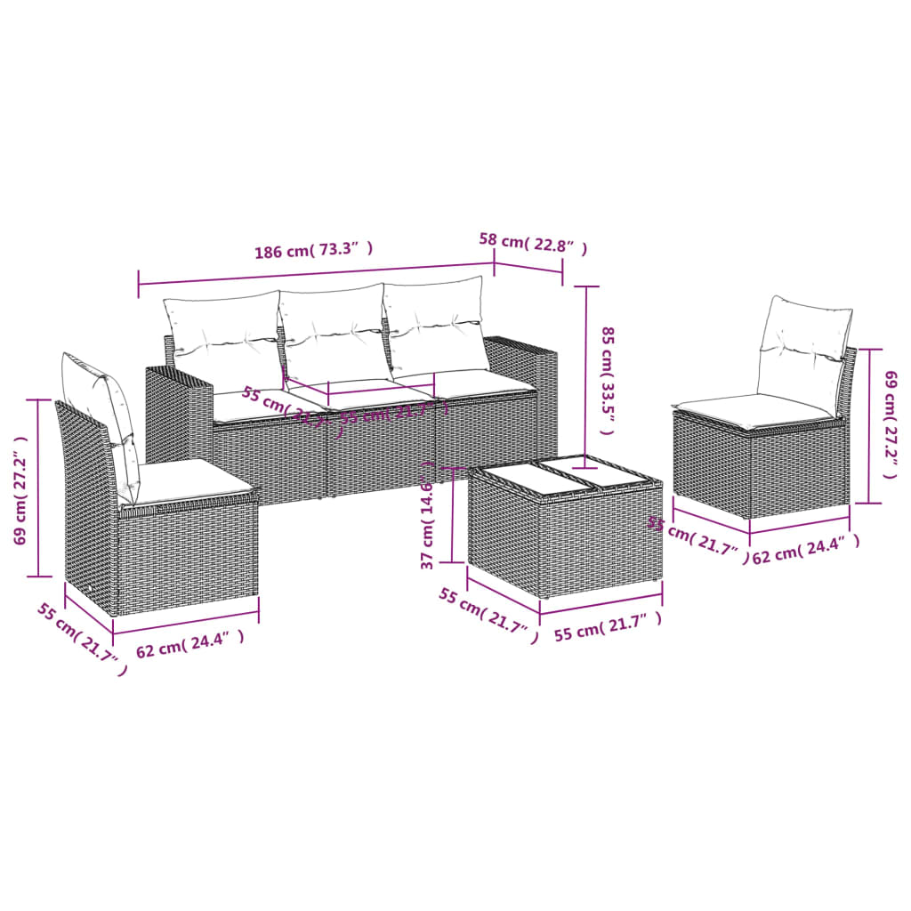 vidaXL 6 pcs conjunto de sofás p/ jardim com almofadões vime PE bege