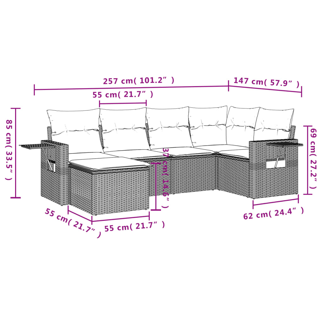 vidaXL 6 pcs conjunto de sofás jardim c/ almofadões vime PE castanho