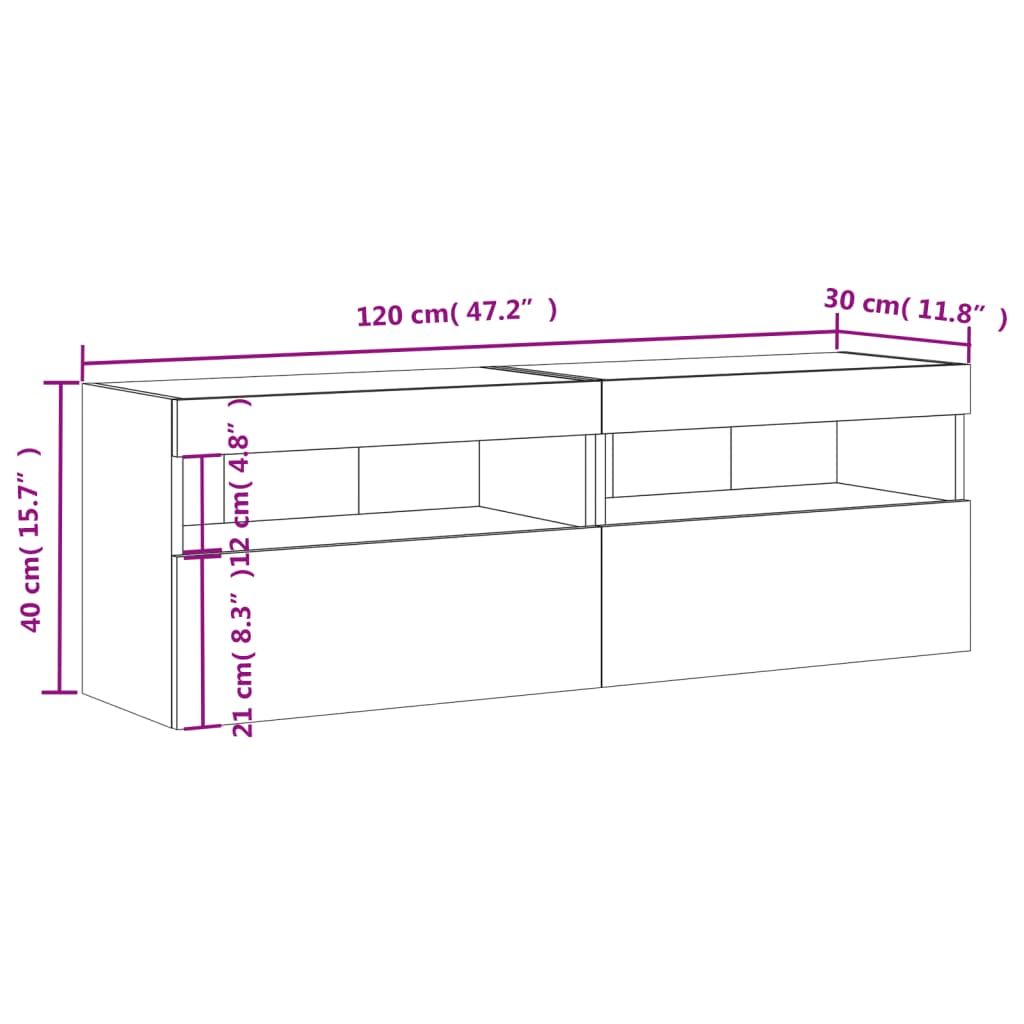 vidaXL Móveis de parede p/ TV com luzes LED 2 pcs 60x30x40 cm preto