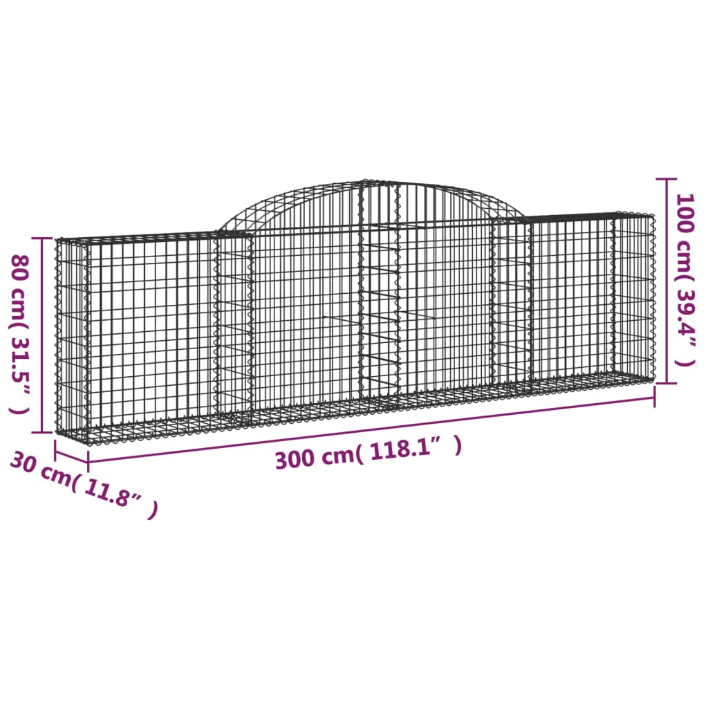 vidaXL Cestos gabião arqueados 3 pcs 300x30x80/100cm ferro galvanizado