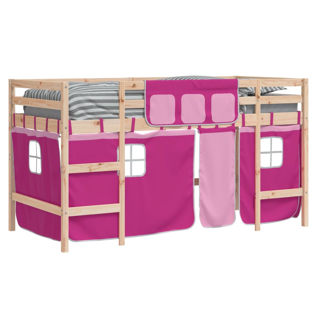 vidaXL Cama alta p/ criança c/ cortinas 90x200 cm pinho maciço rosa