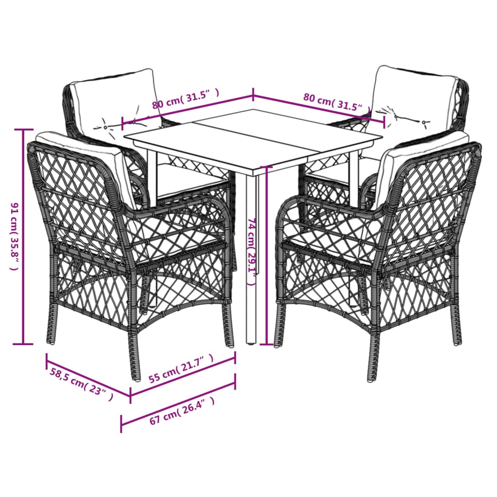 vidaXL 5 pcs conjunto de jantar p/ jardim c/ almofadões cinzento claro