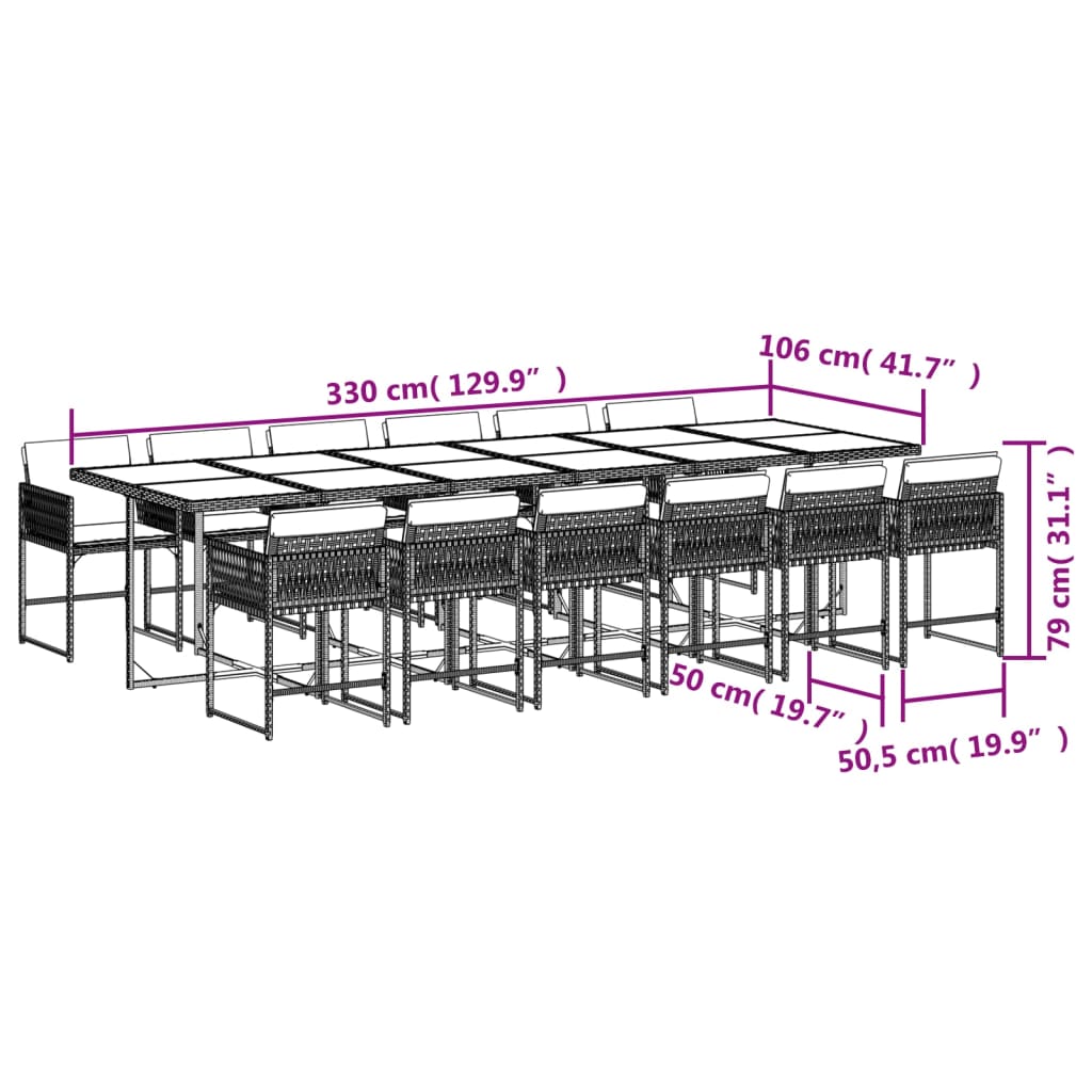 vidaXL 13 pcs conjunto jantar p/ jardim c/ almofadões vime PE cinzento