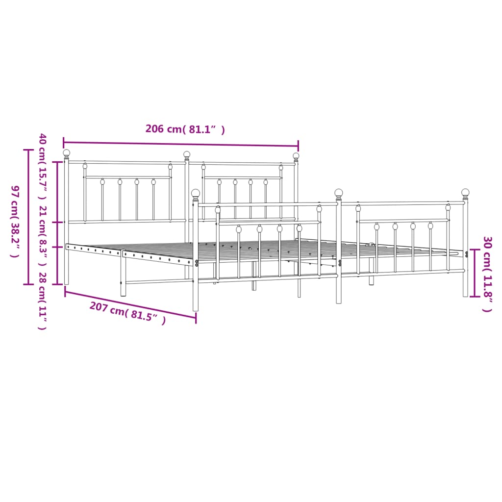 vidaXL Estrutura de cama com cabeceira e pés 200x200 cm metal preto