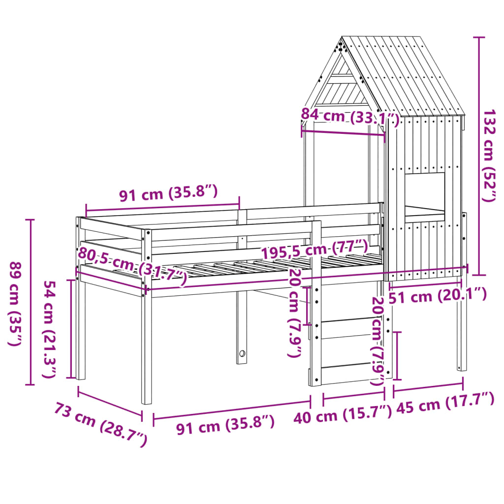 vidaXL Cama alta com telhado 75x190 cm pinho maciço