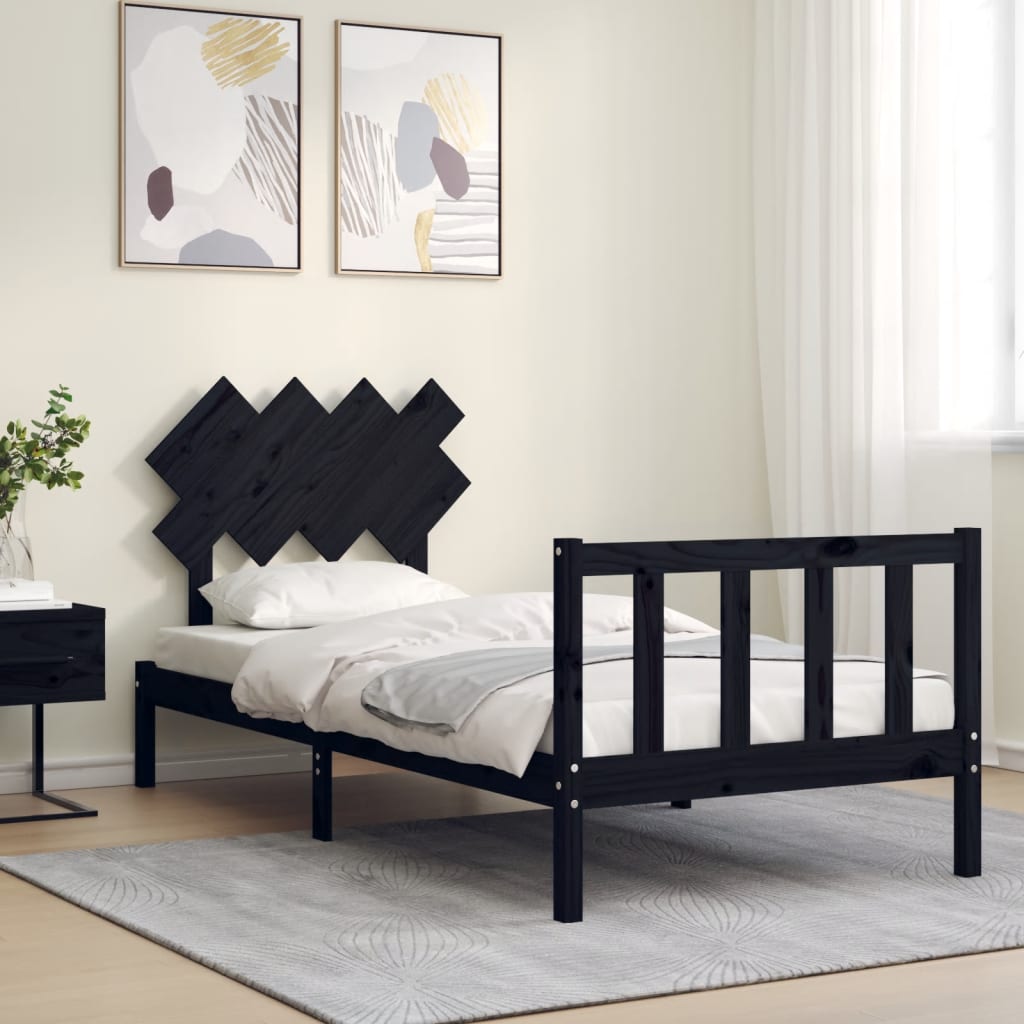 vidaXL Estrutura de cama com cabeceira 90x200 cm madeira maciça preto