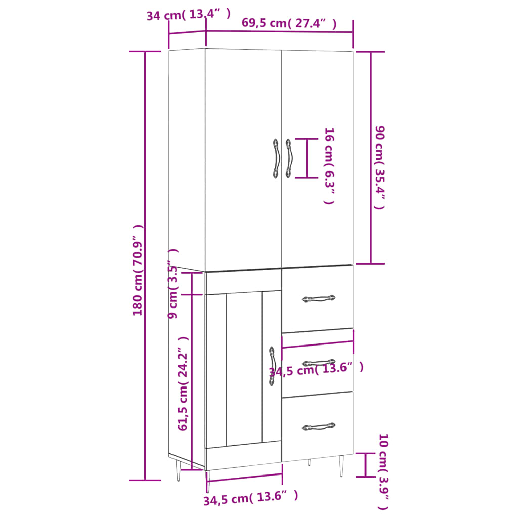 vidaXL Armário alto 69,5x34x180 cm derivados de madeira cinza cimento