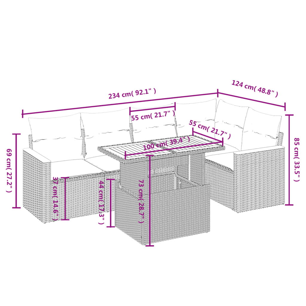 vidaXL 6 pcs conjunto sofás de jardim c/ almofadões vime PE preto