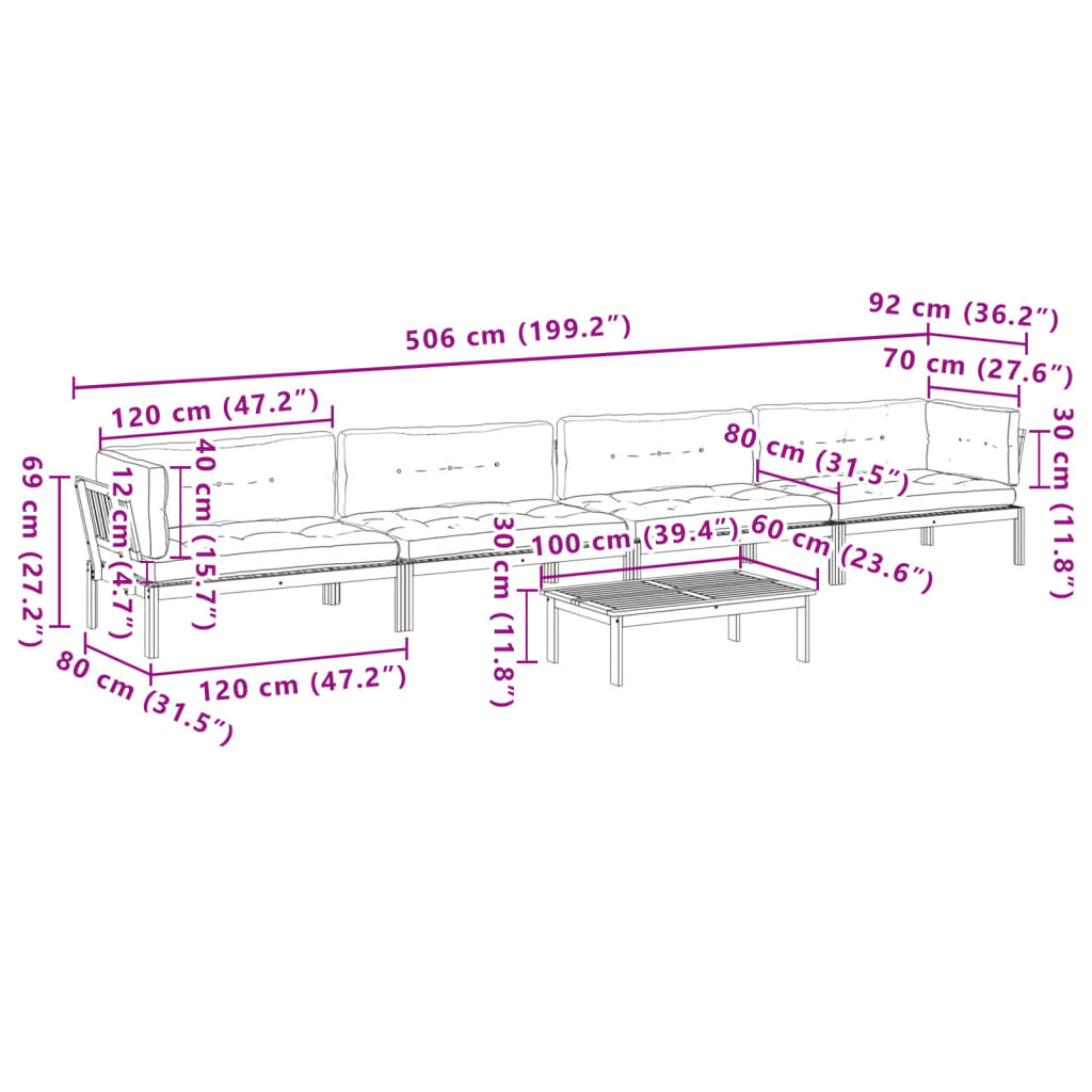 vidaXL 5 pcs móveis de paletes p/ jardim com almofadões acácia maciça