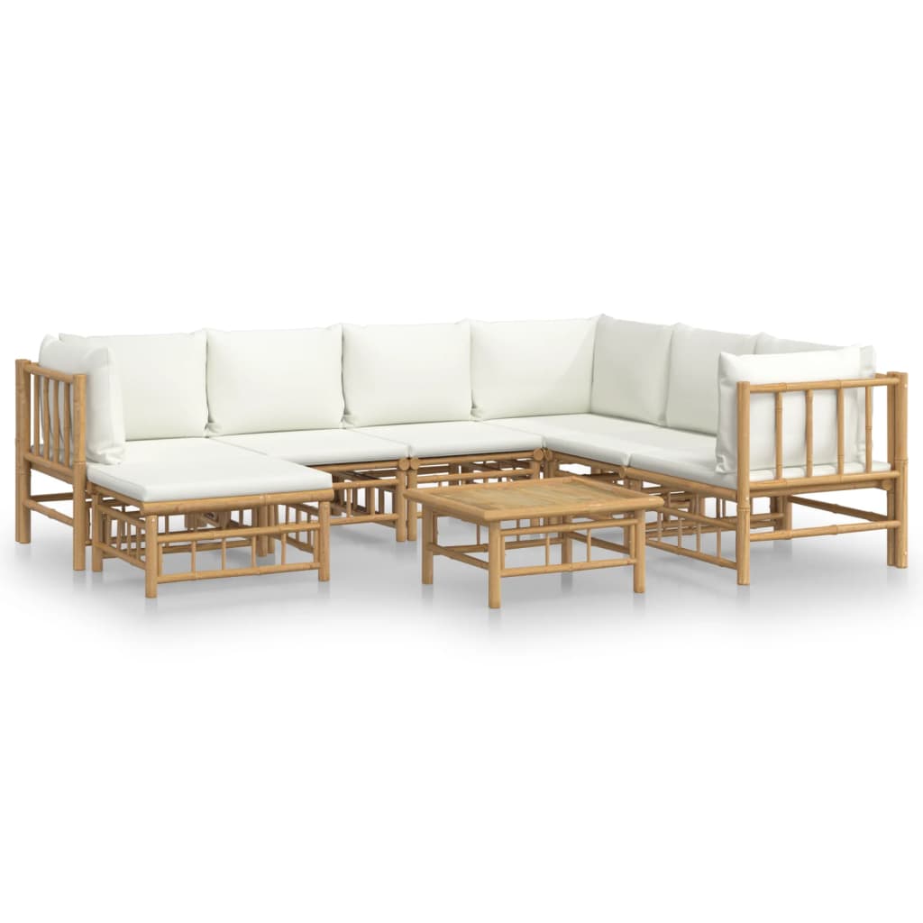 vidaXL 8 pcs conjunto lounge de jardim bambu c/ almofadões branco nata