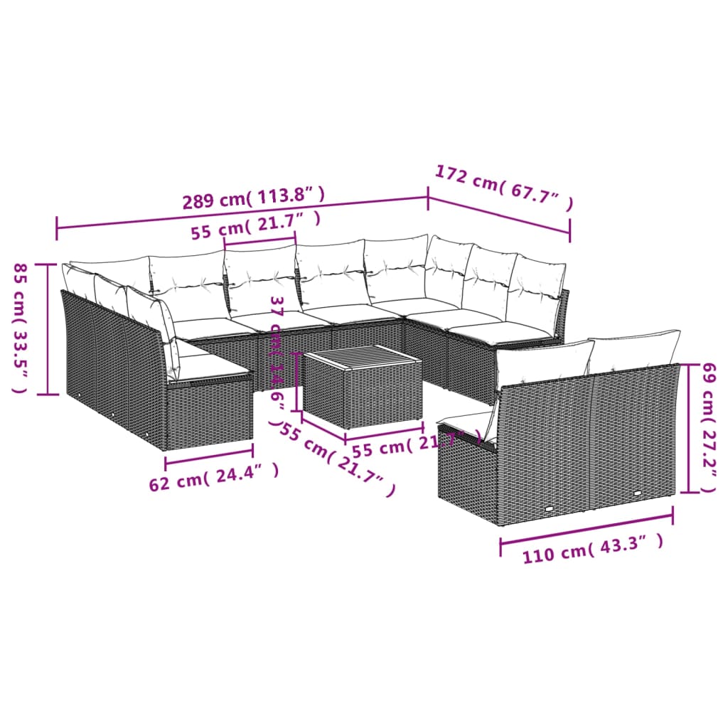 vidaXL 12 pcs conjunto de sofás jardim c/ almofadões vime PE cinzento