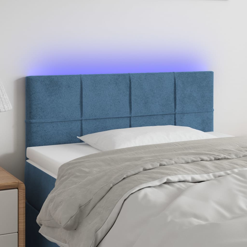 vidaXL Cabeceira de cama c/ luzes LED veludo 100x5x78/88cm azul-escuro