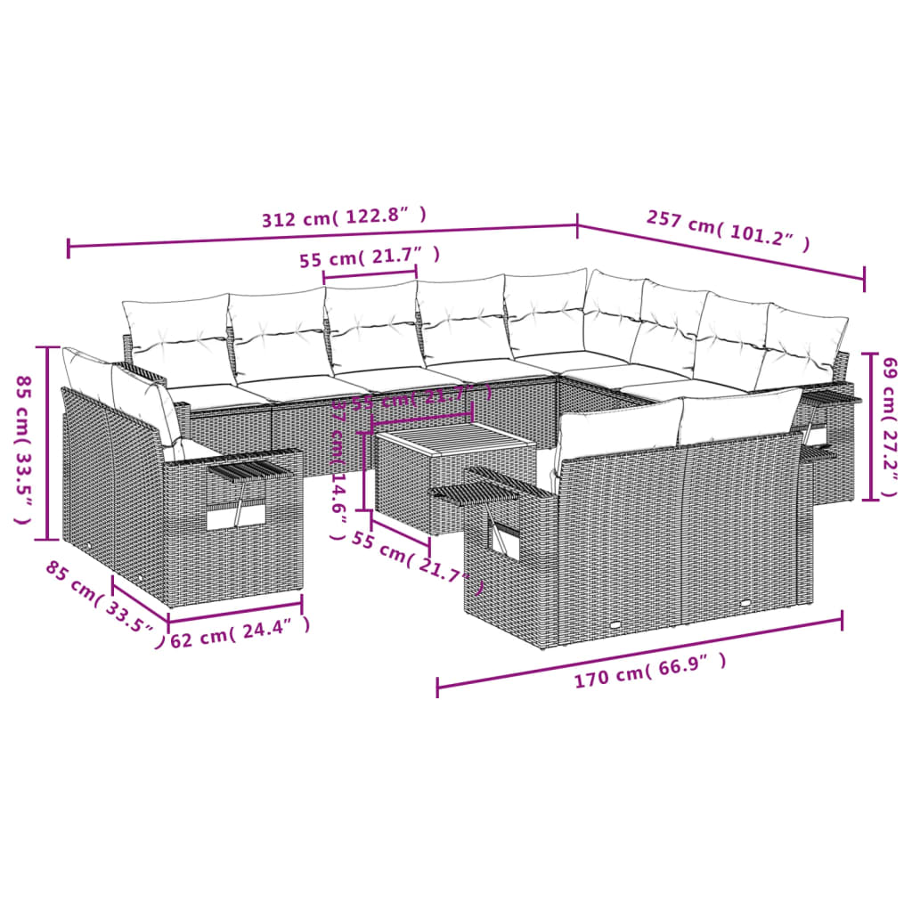 vidaXL 13 pcs conjunto de sofás p/ jardim com almofadões vime PE bege