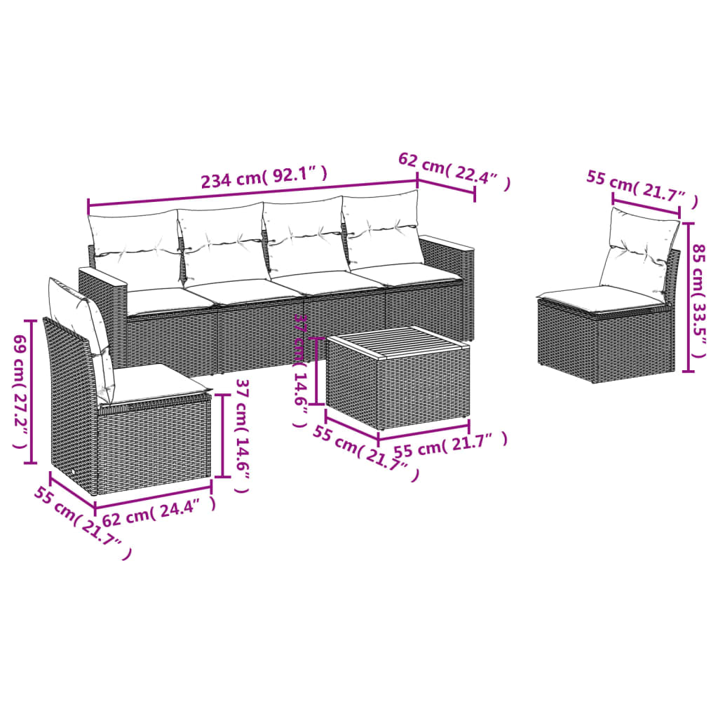 vidaXL 7 pcs conj. sofás jardim c/ almofadões vime PE bege misturado