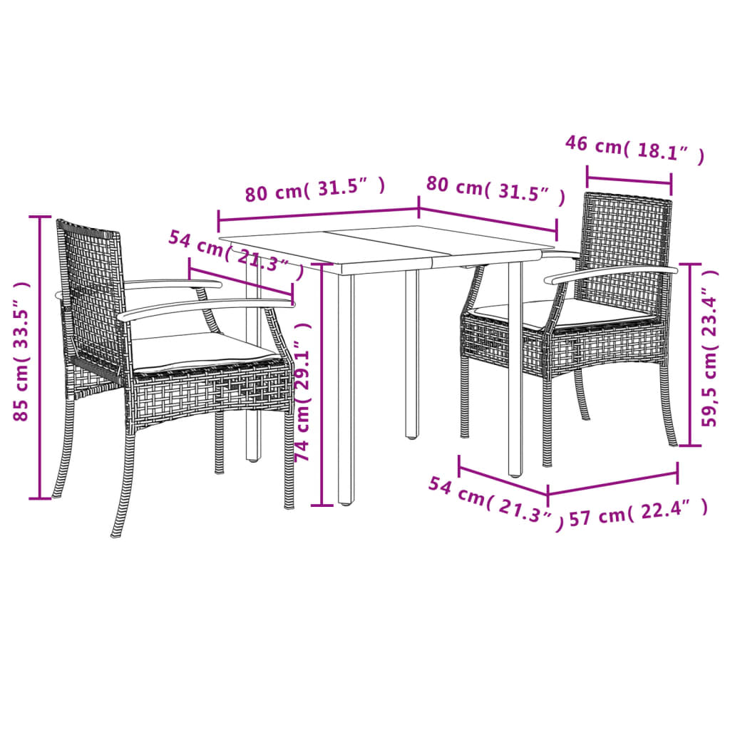 vidaXL 3 pcs conjunto de jantar p/ jardim c/ almofadões vime PE preto