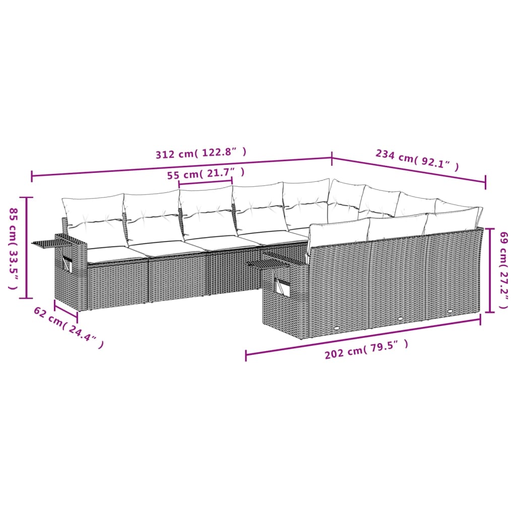 vidaXL 10 pcs conjunto de sofás p/ jardim com almofadões vime PE bege