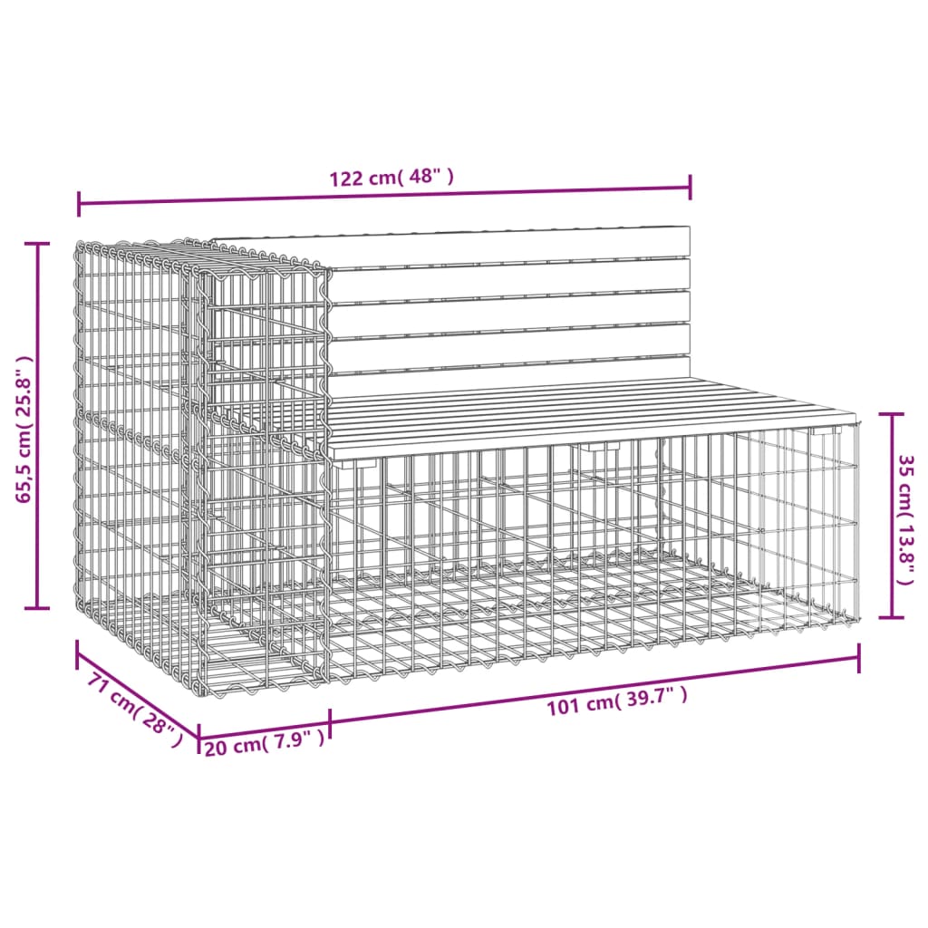 vidaXL Banco de jardim c/ design gabião 122x71x65,5cm pinho impregnado