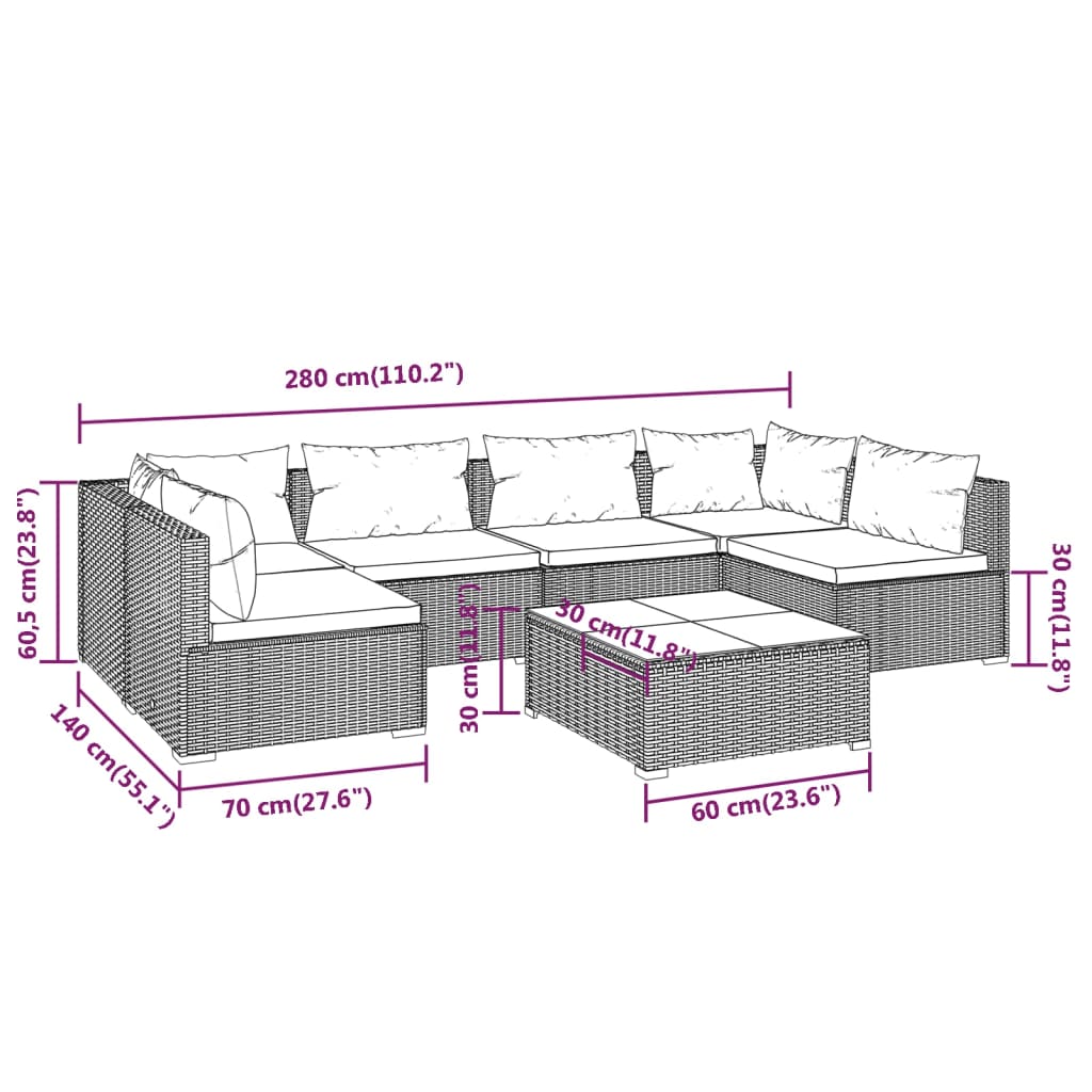 vidaXL 7 pcs conjunto lounge de jardim c/ almofadões vime PE cinzento