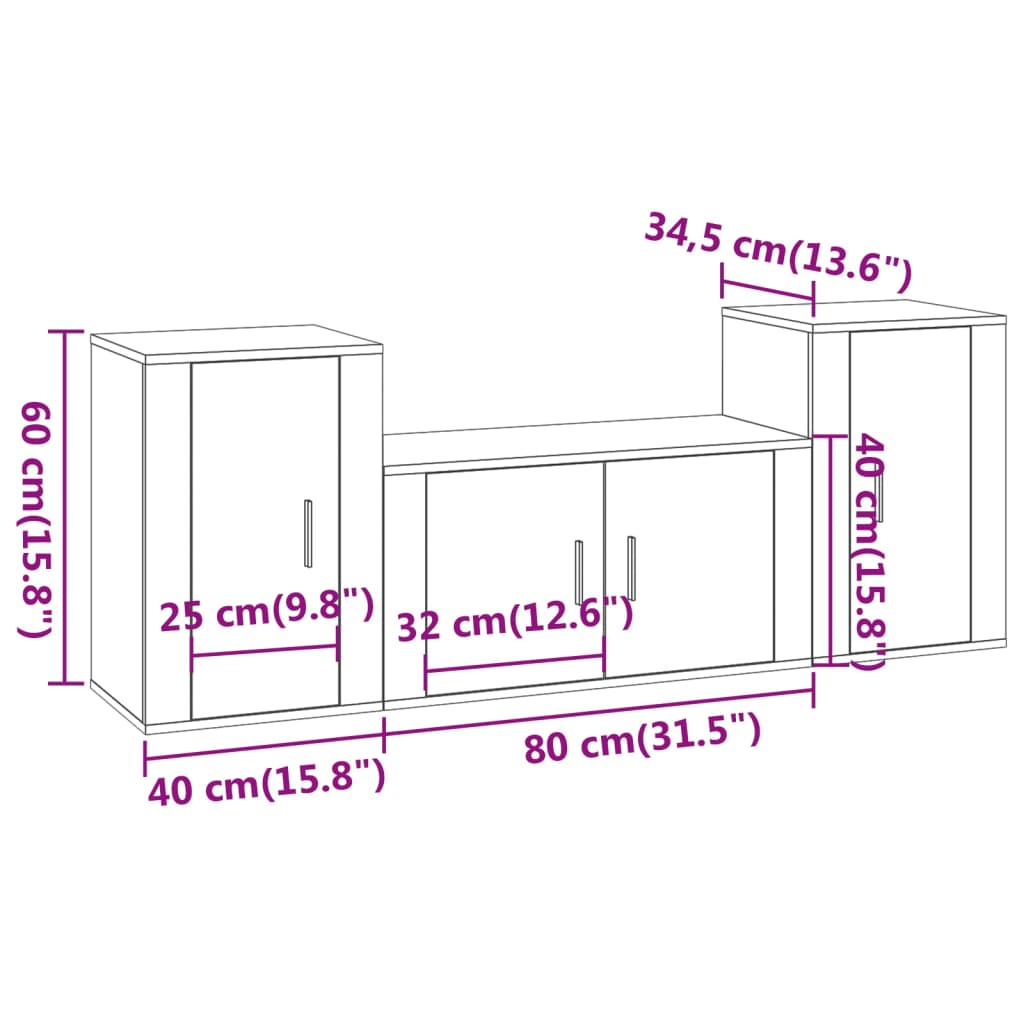 vidaXL Conjunto móveis de TV 3 pcs madeira processada preto