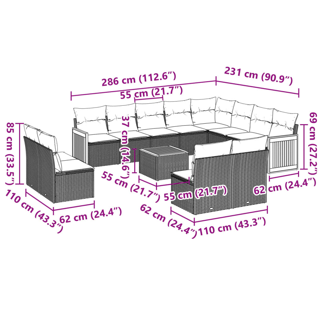 vidaXL 13 pcs conjunto sofás p/ jardim c/ almofadões vime PE cinzento