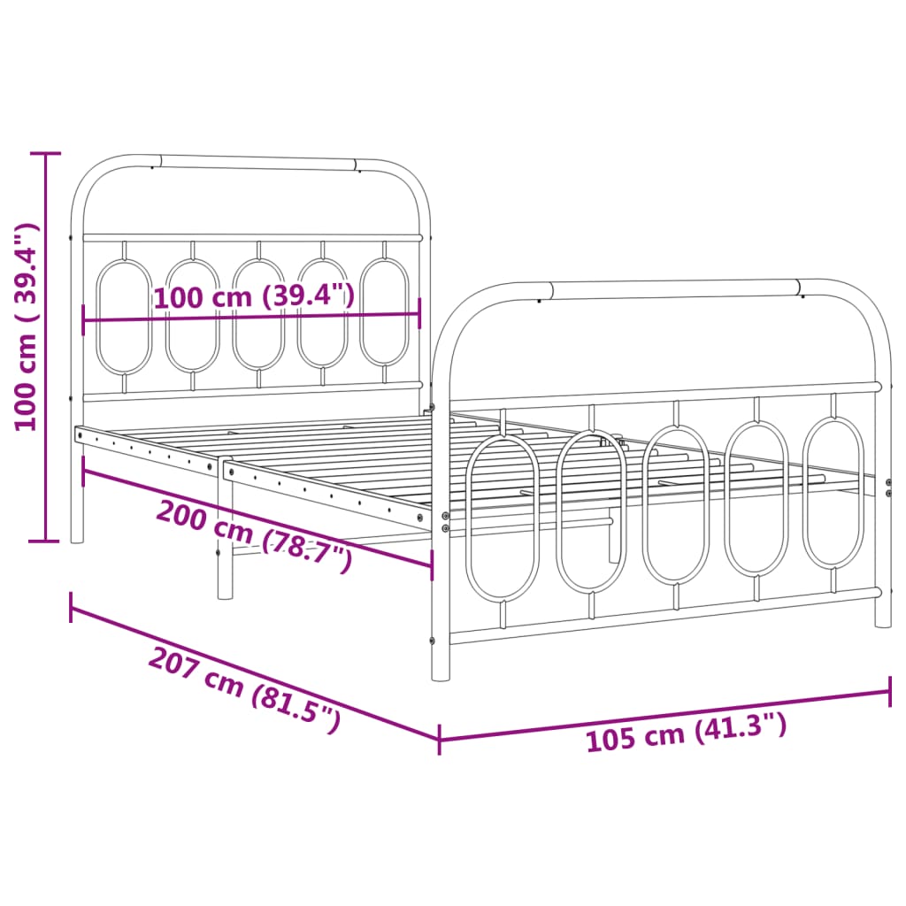 vidaXL Estrutura de cama com cabeceira e pés 100x200 cm metal preto