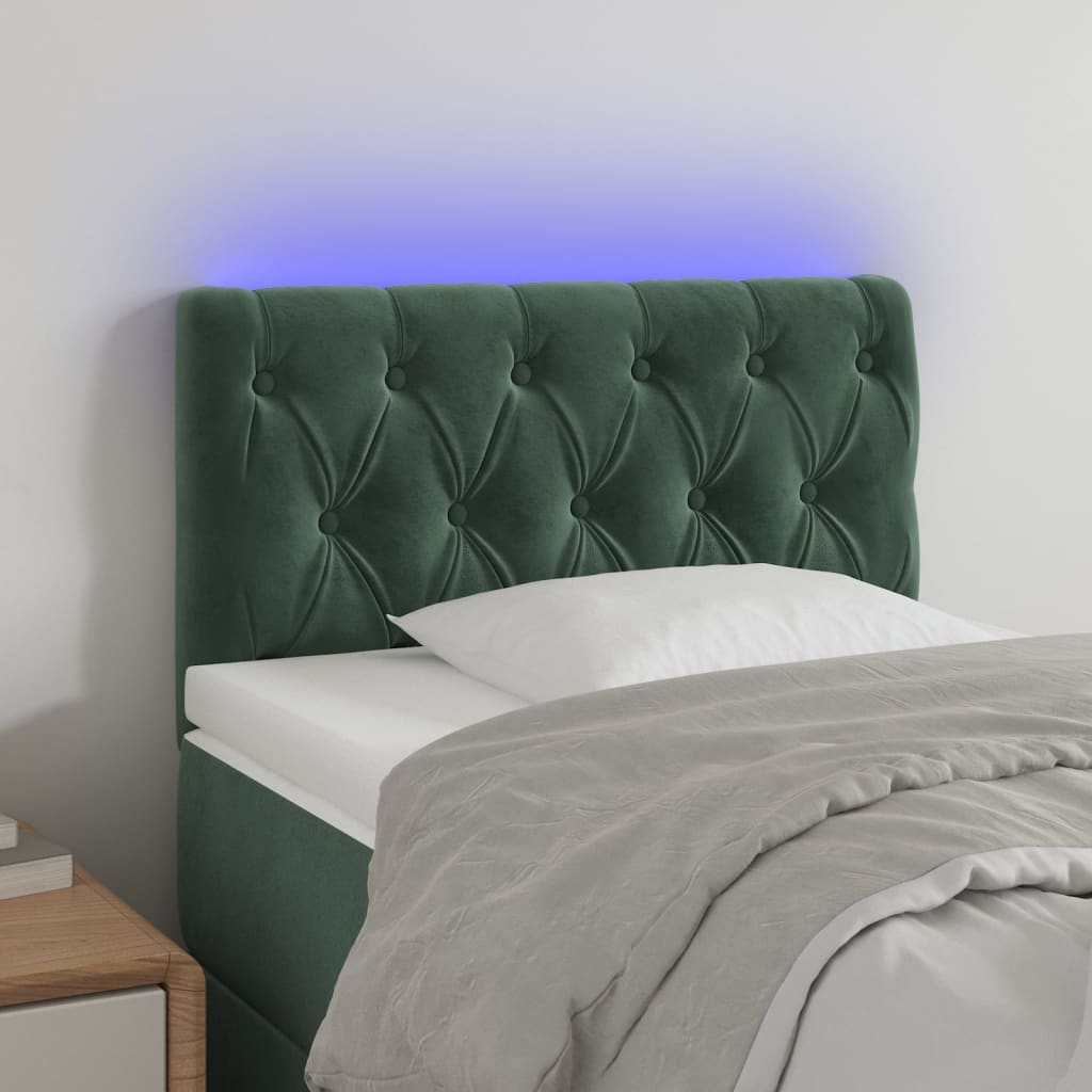 vidaXL Cabeceira de cama c/ luzes LED veludo 80x7x78/88cm verde-escuro